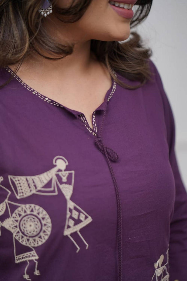 Wine Floral Embroidered Silk Kurti Pant Set