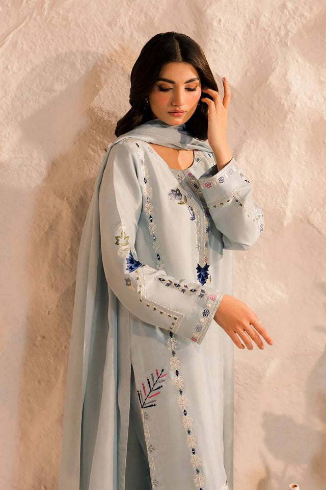 Grey Floral Embroidered Chanderi Kurti Pant Set