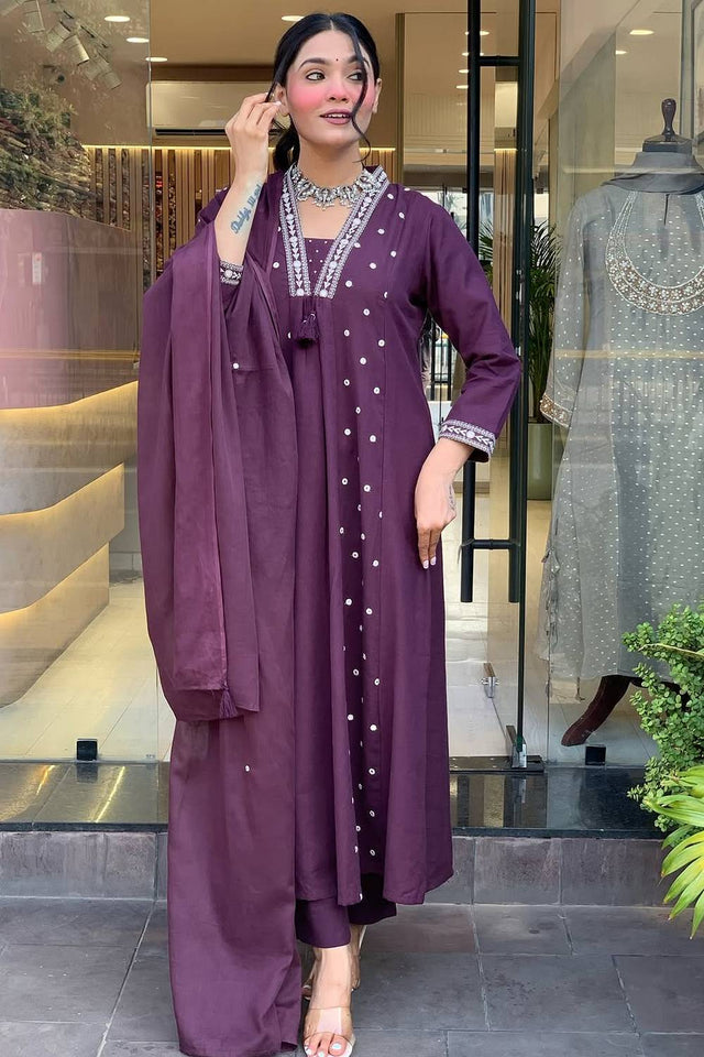 Violet Mirror Sequin Cotton Anarkali Suit Set