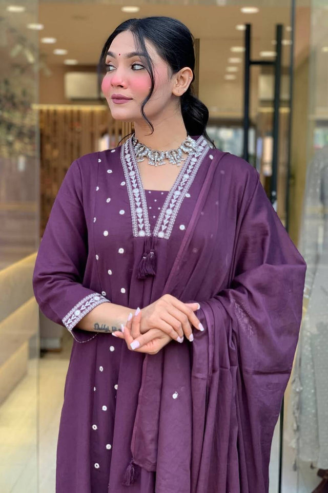 Violet Mirror Sequin Cotton Anarkali Suit Set