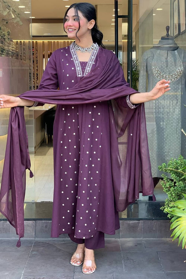 Violet Mirror Sequin Cotton Anarkali Suit Set