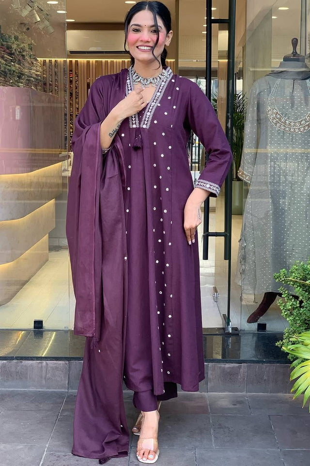 Violet Mirror Sequin Cotton Anarkali Suit Set