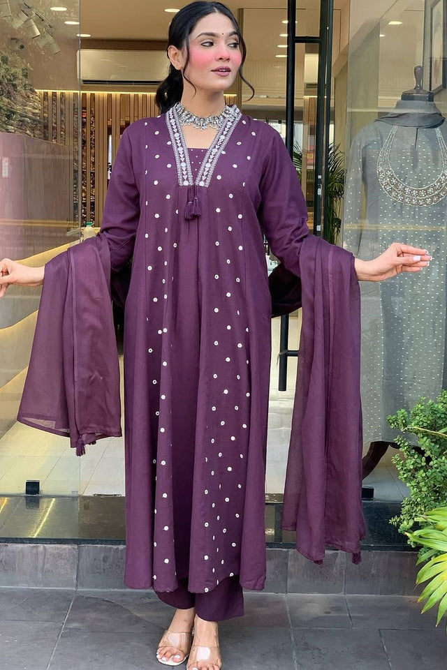 Violet Mirror Sequin Cotton Anarkali Suit Set