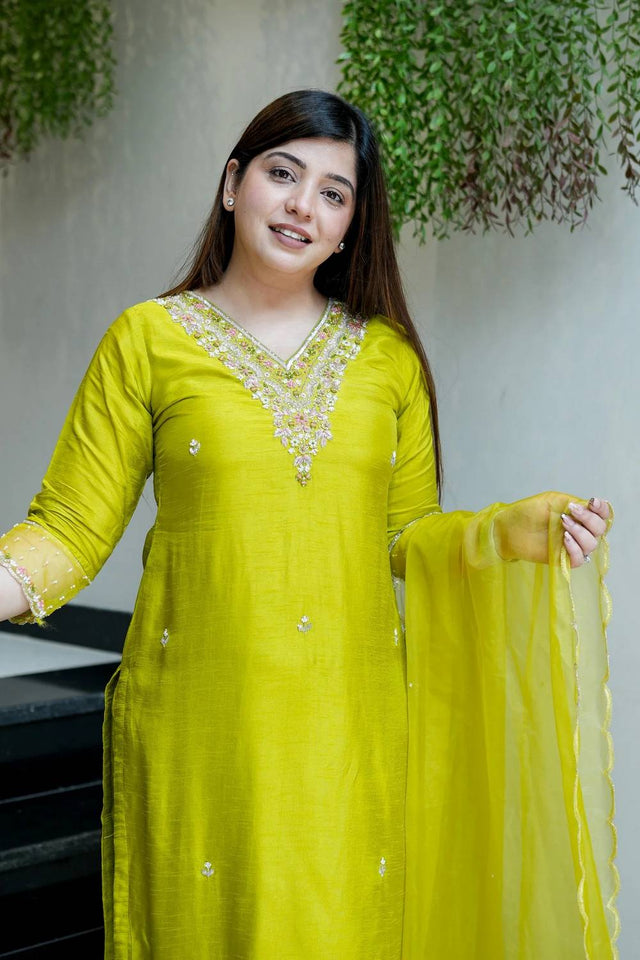 Green Floral Embroidered Chanderi Straight Cut Suit Set