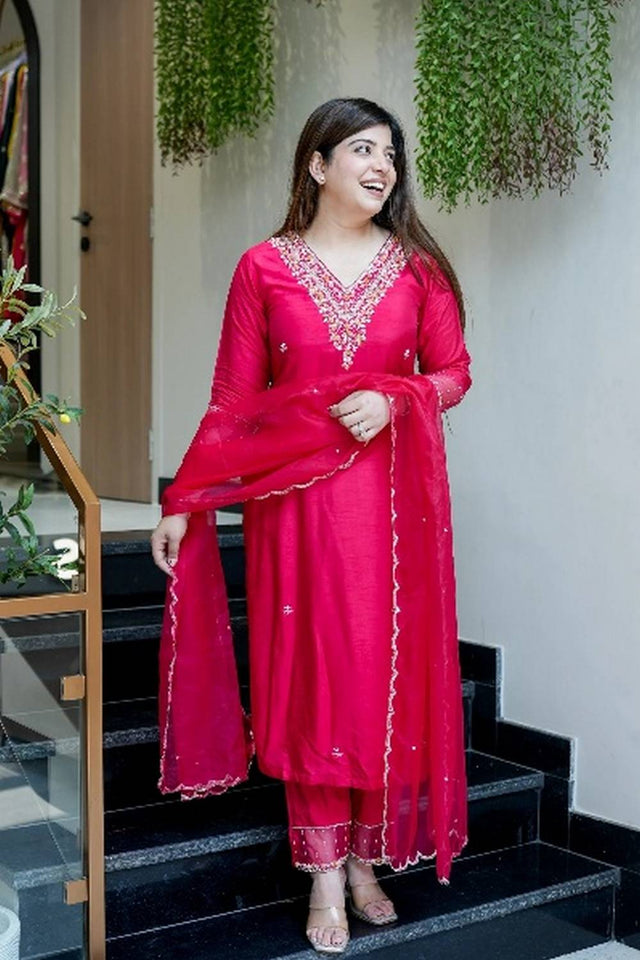 Pink Floral Embroidered Chanderi Straight Cut Suit Set