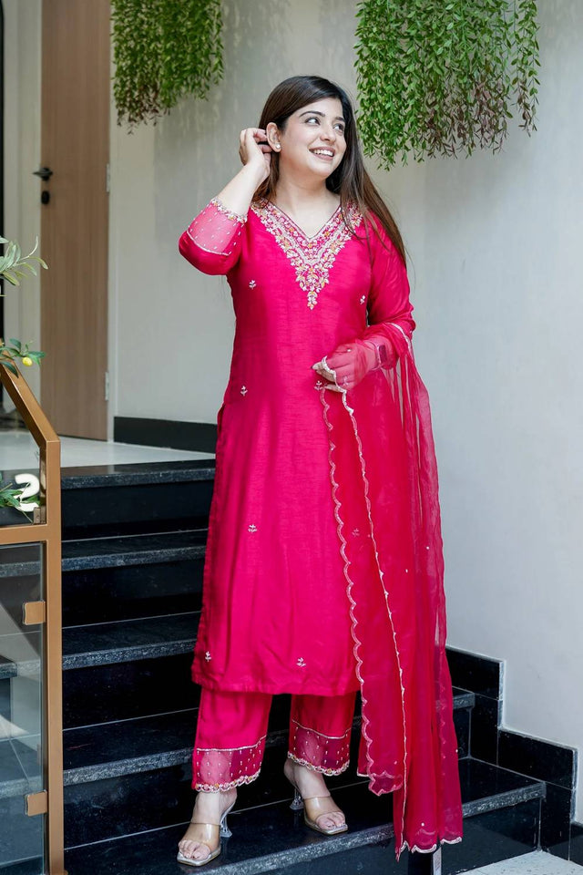 Pink Floral Embroidered Chanderi Straight Cut Suit Set