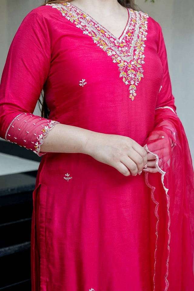 Pink Floral Embroidered Chanderi Straight Cut Suit Set