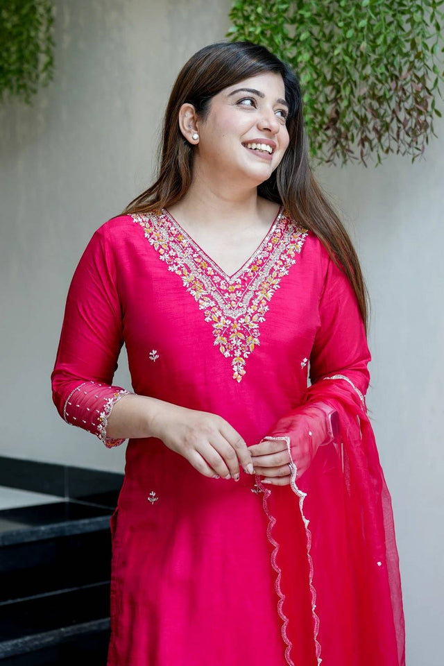 Pink Floral Embroidered Chanderi Straight Cut Suit Set