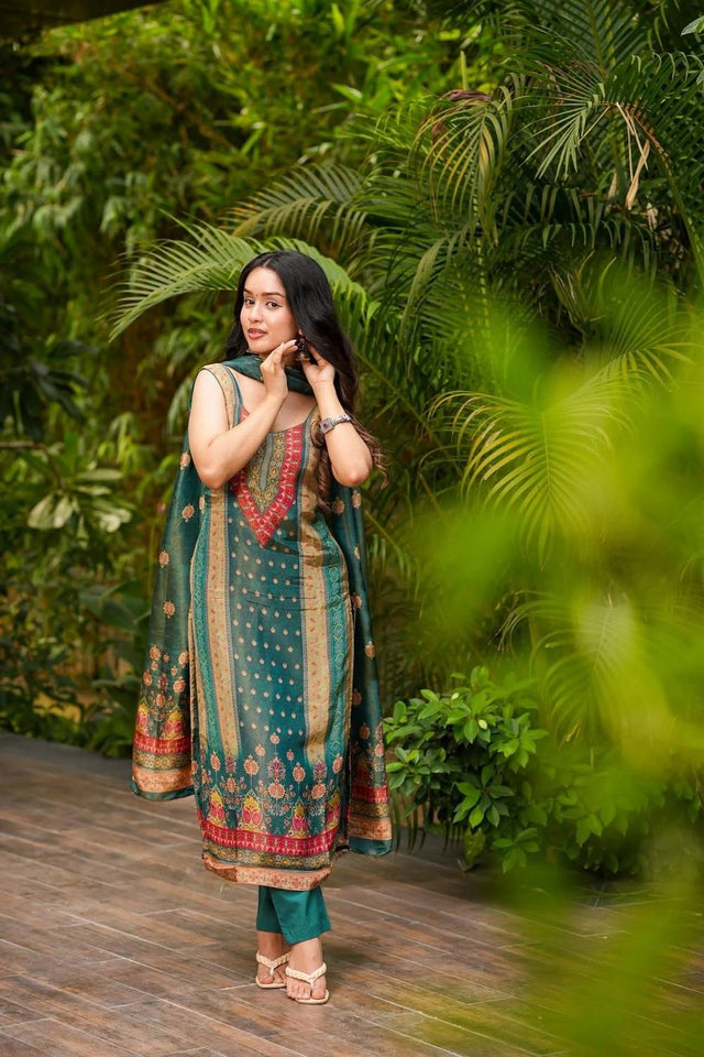 Green Printed Silk Kurti Pant Set