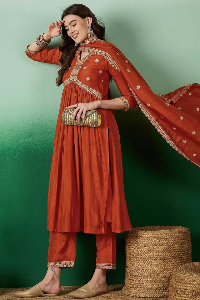 Orange Floral Embroidered Silk Anarkali Suit Set