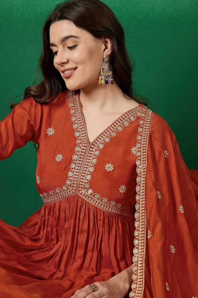 Orange Floral Embroidered Silk Anarkali Suit Set