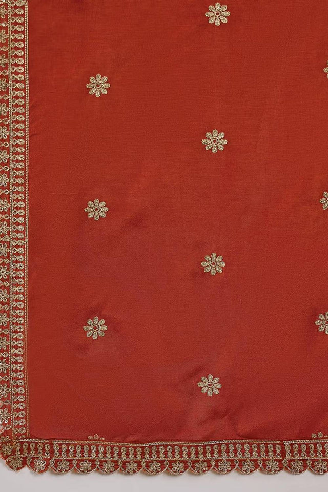 Orange Floral Embroidered Silk Anarkali Suit Set
