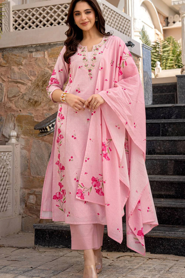 Pink Floral Printed Chanderi Straight Cut Suit Set