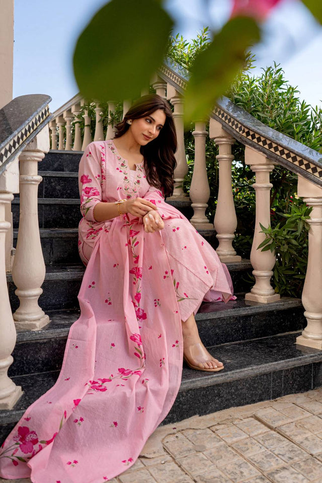 Pink Floral Printed Chanderi Straight Cut Suit Set