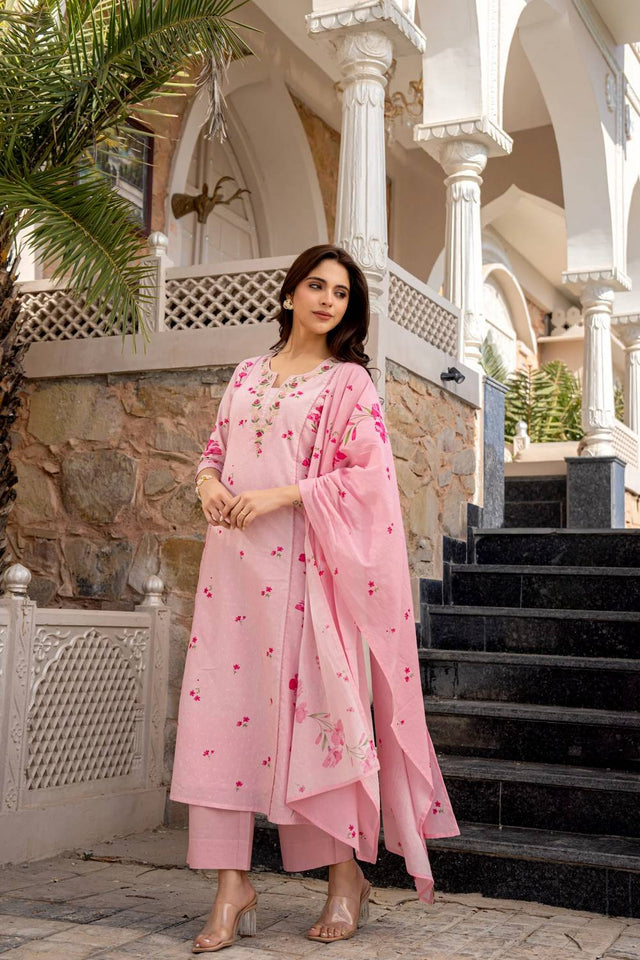 Pink Floral Printed Chanderi Straight Cut Suit Set