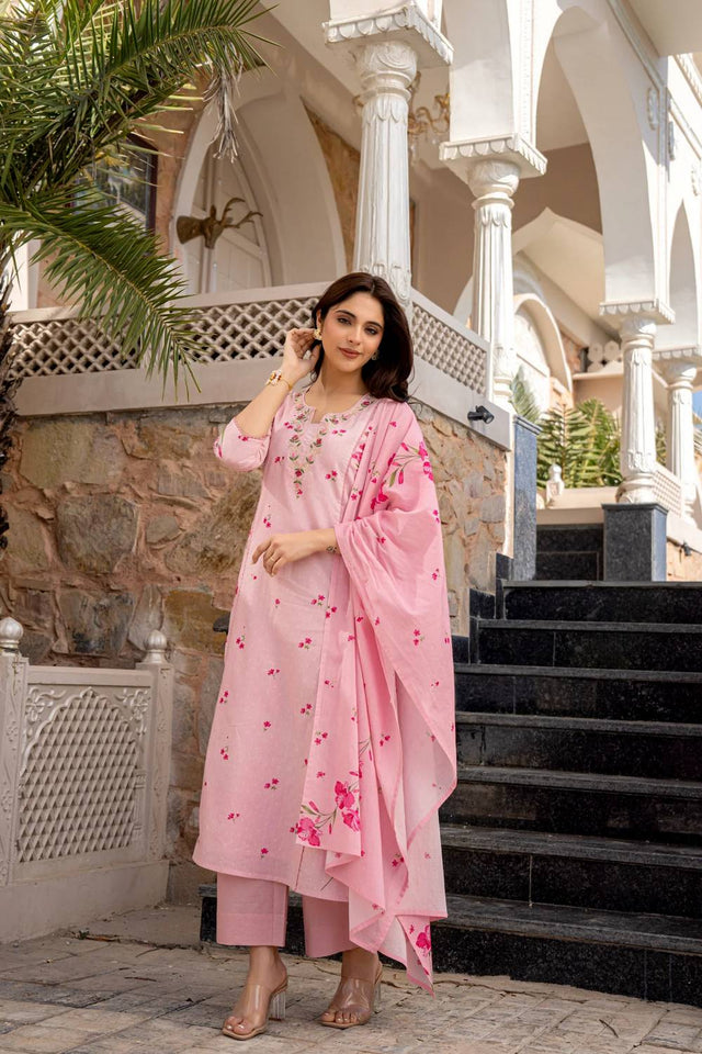 Pink Floral Printed Chanderi Straight Cut Suit Set