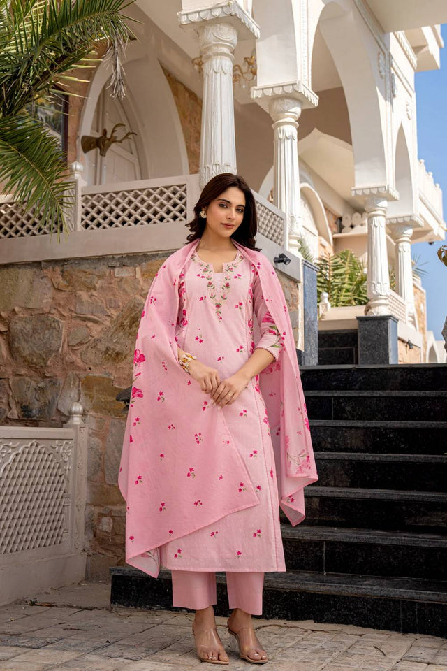 Pink Floral Printed Chanderi Straight Cut Suit Set
