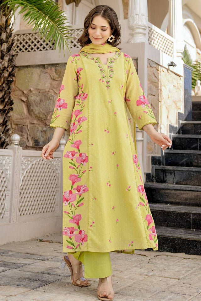 Yellow Floral Printed Chanderi Straight Cut Suit Set