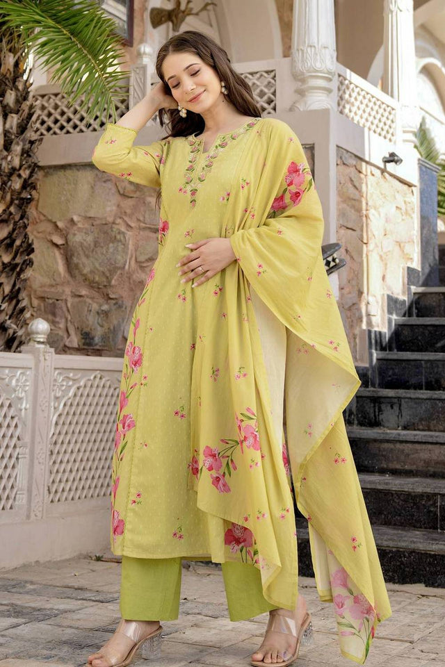 Yellow Floral Printed Chanderi Straight Cut Suit Set