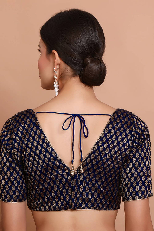 Navy Blue Woven Brocade Blouse