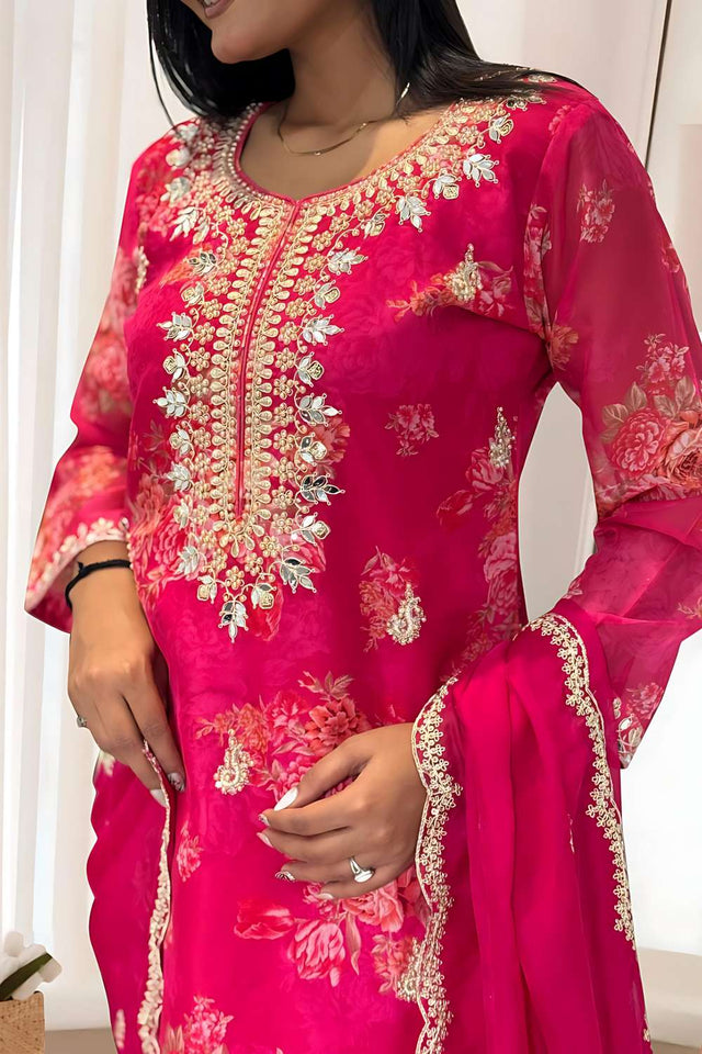 Pink Sequin with Embroidered Organza Kurti Pant Set