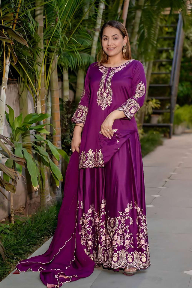 Purple Sequin Crepe Sharara Suit Set