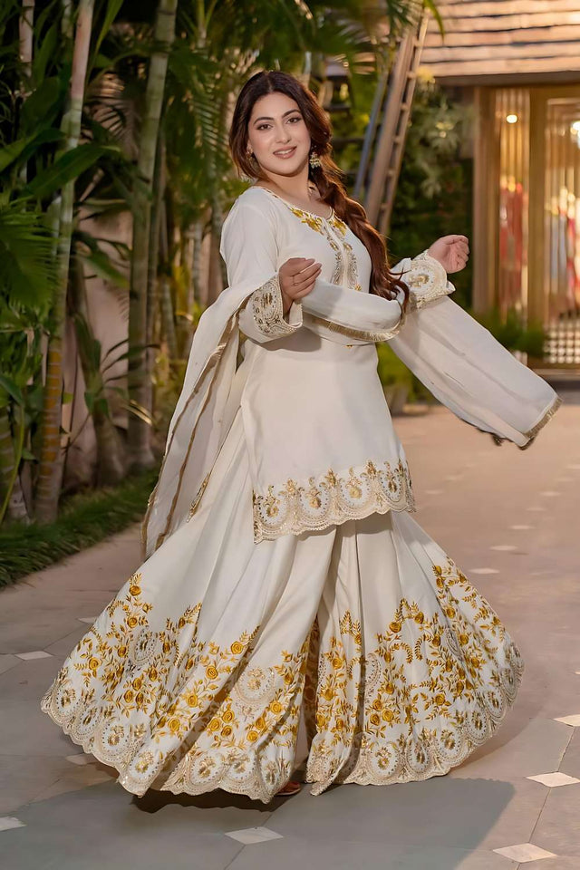 White Sequin Crepe Sharara Suit Set (HK-1704-white)
