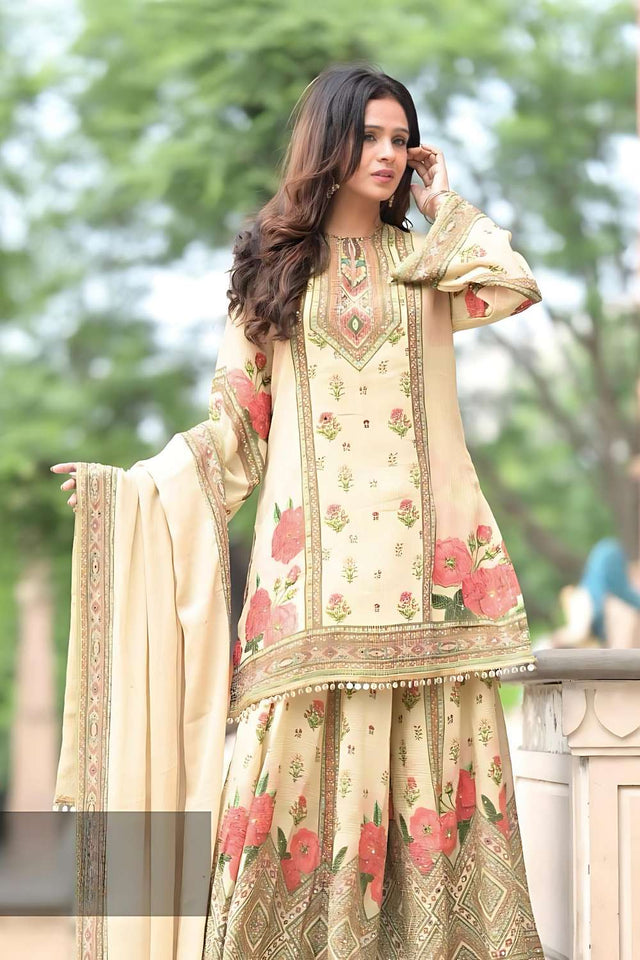 Cream Floral Printed Chinon Sharara Suit Set