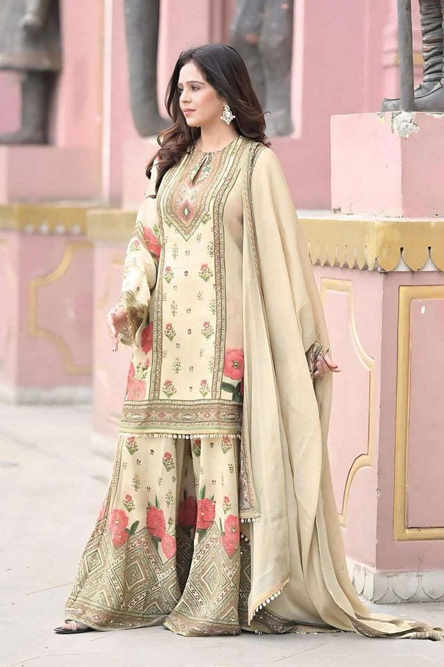 Cream Floral Printed Chinon Sharara Suit Set