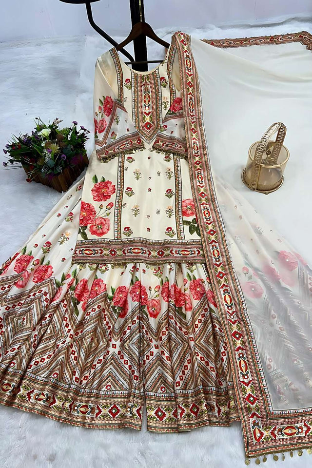 Cream Floral Printed Chinon Sharara Suit Set