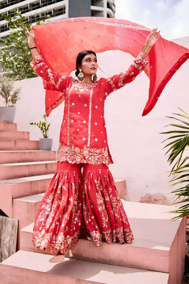 Red Sequin with Embroidered Chinon Sharara Suit Set