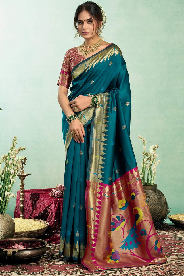 Turquoise Paithani Peacock Woven Silk Blend Saree (HT1601)