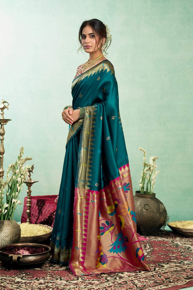 Turquoise Paithani Peacock Woven Silk Blend Saree (HT1601)
