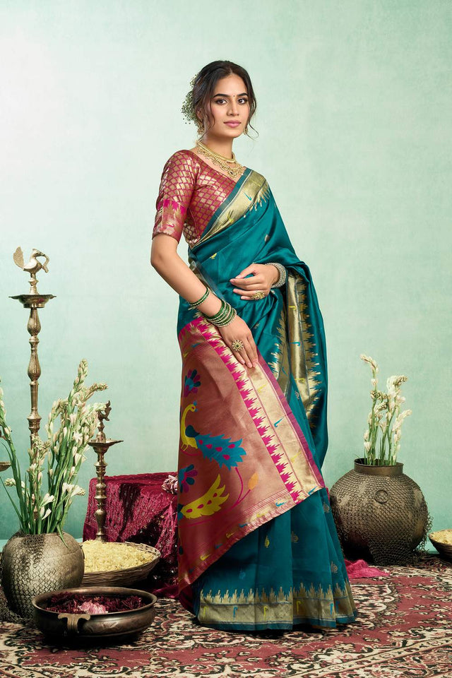 Turquoise Paithani Peacock Woven Silk Blend Saree (HT1601)