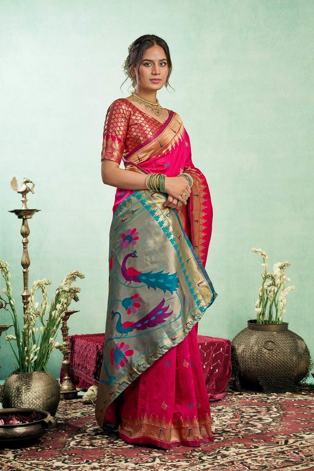 Pink Paithani Peacock Woven Silk Blend Saree (HT1602)