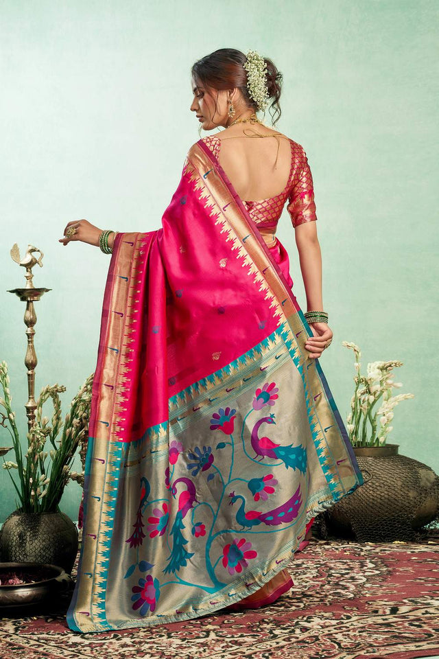 Pink Paithani Peacock Woven Silk Blend Saree (HT1602)