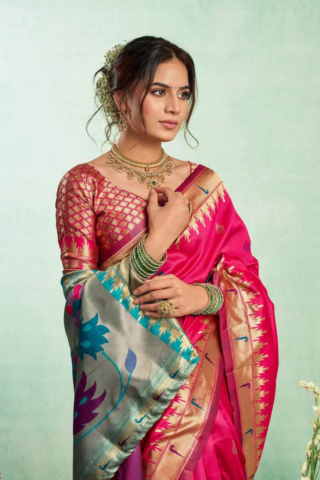 Pink Paithani Peacock Woven Silk Blend Saree (HT1602)