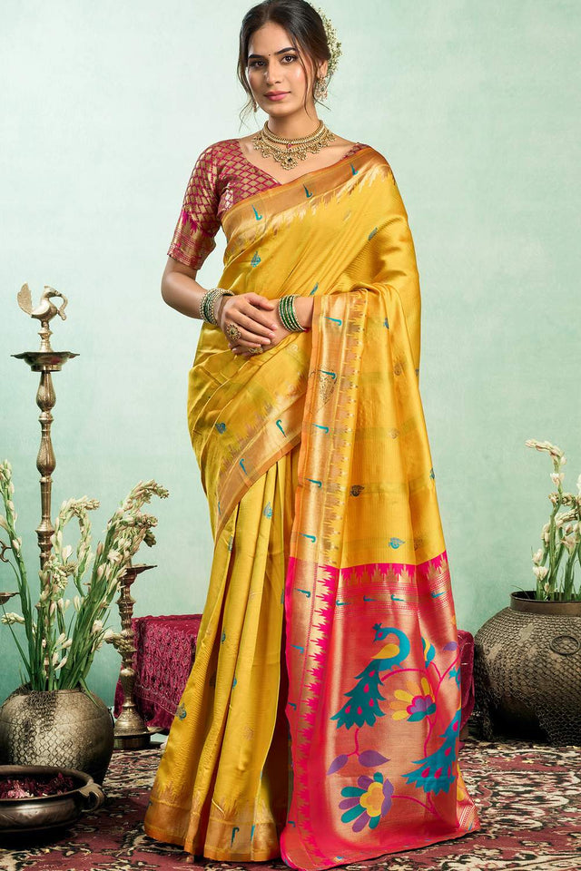 Yellow Paithani Peacock Woven Silk Blend Saree (HT1603)