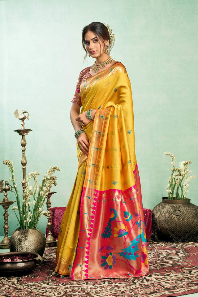 Yellow Paithani Peacock Woven Silk Blend Saree (HT1603)
