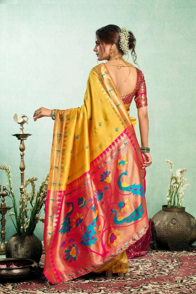 Yellow Paithani Peacock Woven Silk Blend Saree (HT1603)