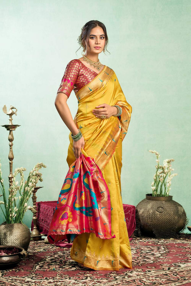 Yellow Paithani Peacock Woven Silk Blend Saree (HT1603)