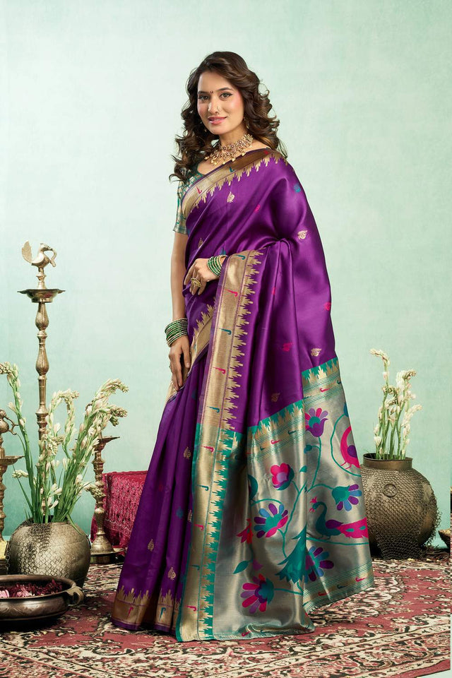 Purple Paithani Peacock Woven Silk Blend Saree (HT1604)