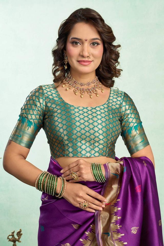 Purple Paithani Peacock Woven Silk Blend Saree (HT1604)