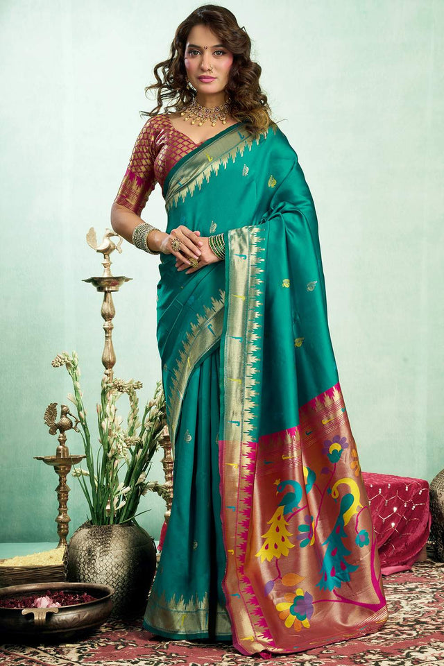 Dark Green Paithani Peacock Woven Silk Blend Saree (HT1606)