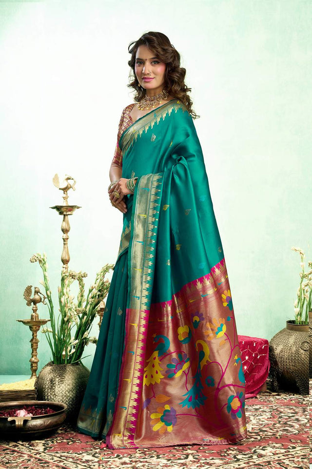 Dark Green Paithani Peacock Woven Silk Blend Saree (HT1606)