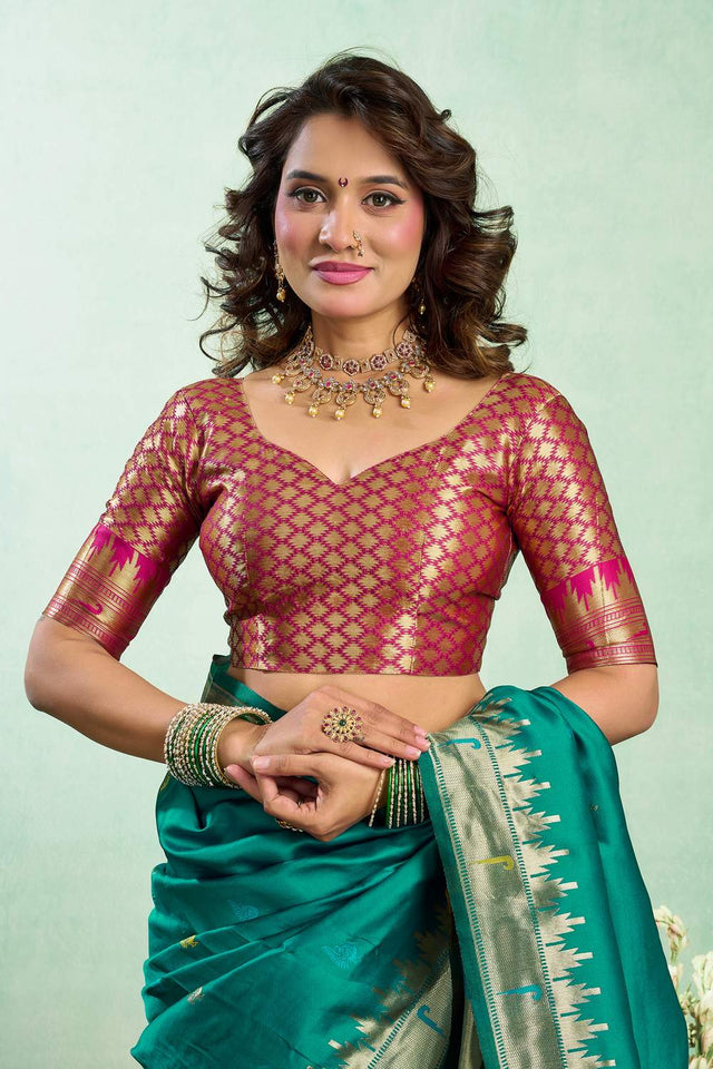 Dark Green Paithani Peacock Woven Silk Blend Saree (HT1606)