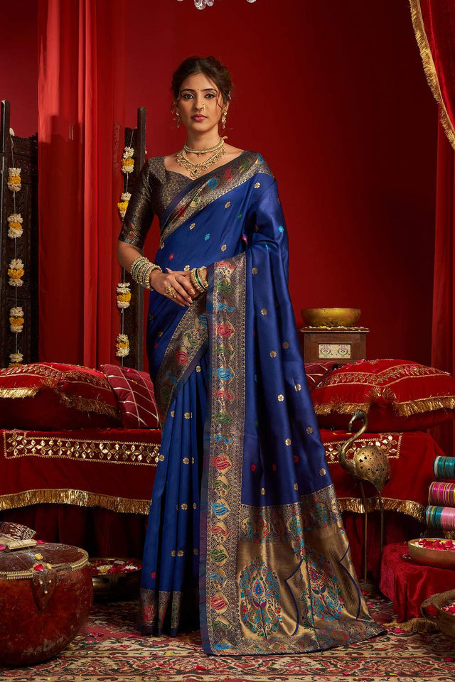 Royal Blue Paithani Floral Woven Silk Blend Saree (HT1702)