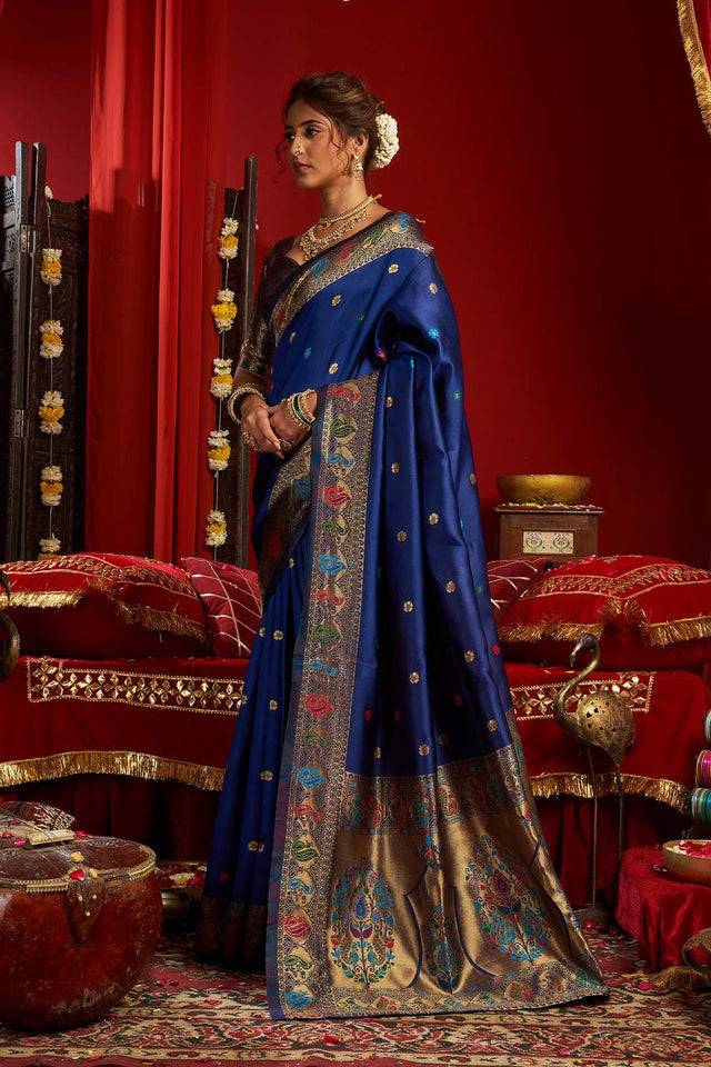 Royal Blue Paithani Floral Woven Silk Blend Saree (HT1702)