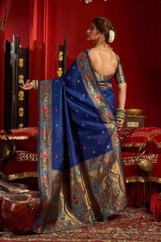 Royal Blue Paithani Floral Woven Silk Blend Saree (HT1702)