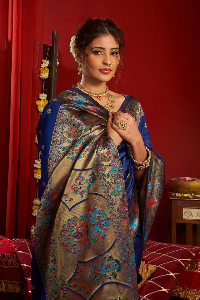 Royal Blue Paithani Floral Woven Silk Blend Saree (HT1702)